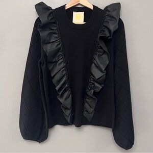 NWOT Emily McCarthy Lillian Black Sweater W/ Faux Leather Ruffle Accents Size M